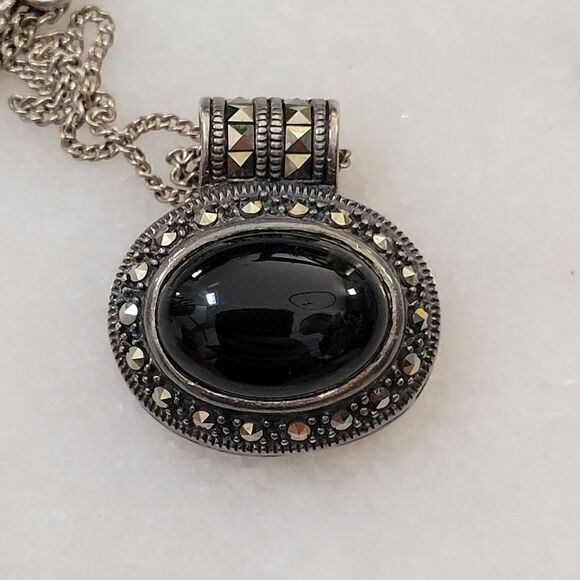 s-l400.jpg Vintage 925 Deco Sterling Silver Onyx Marcasite Pendant Necklace